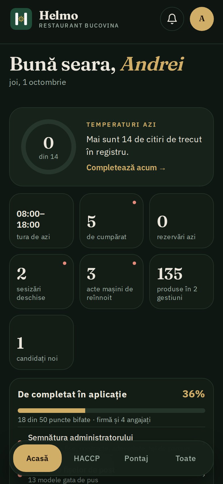 Ecranul Acasă: temperaturile zilei, tura, cumpărăturile și sesizările
