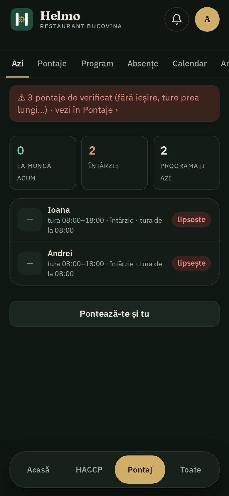 Pontajul zilei: cine e la muncă, întârzieri, cine lipsește